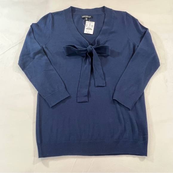 NWT J. Crew Deep Blue V-Neck Sweater with Bow - Picture 1 of 6